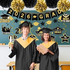 Black and Gold Graduation Decorations, 2026 Grad Banner and Congrats Grad Han…