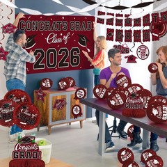 Maroon Graduation Decorations Set 2026 – Congrats Grad Banner, Backdrop, Balloon