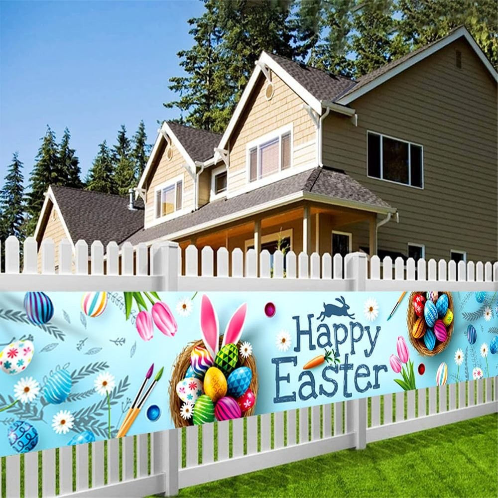Wuhetyo Happy Easter Banner 120″ x 20″ Outdoor Party Supplies Backdrop Bunny …