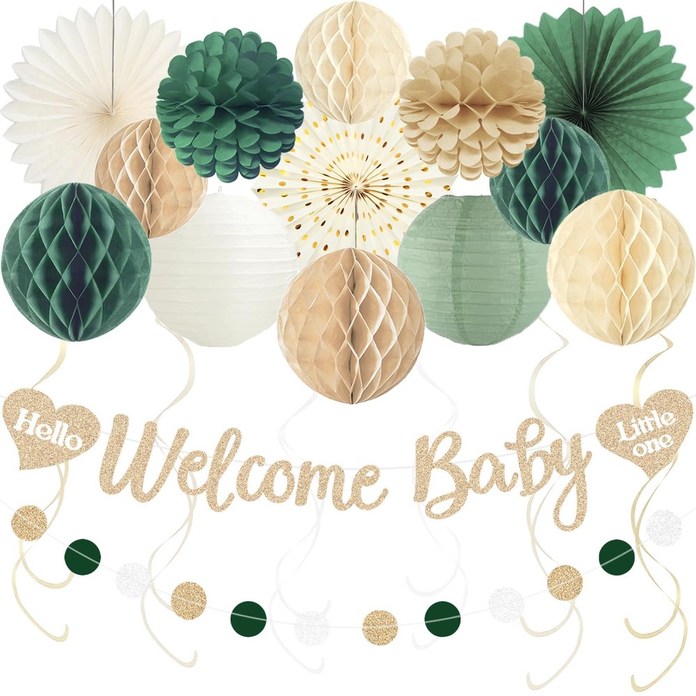 Sage Green Baby Shower Decorations Boy, Pre-Strung Welcome Baby Sign with Hon…