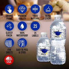 Class of 2025 Blue Graduation Water Bottle Label Set of 25 Waterproof Glossy
