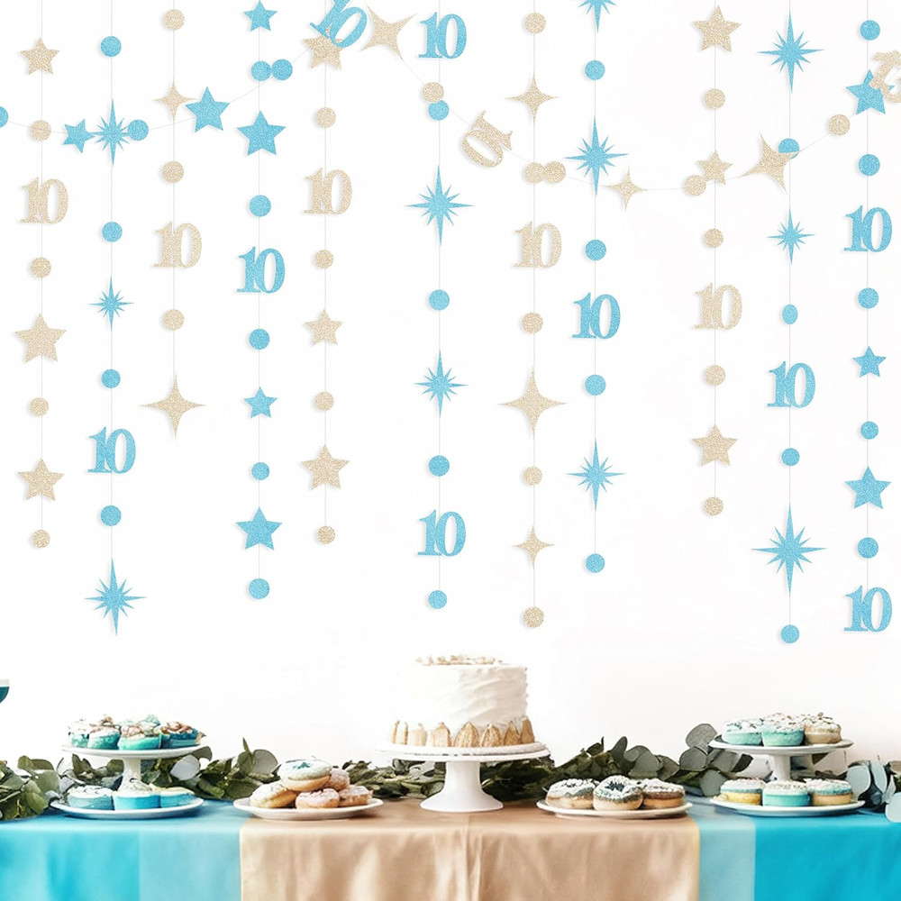 Champagne Gold Blue 10Th Birthday Decorations Number 10 Circle Dot Star Garland