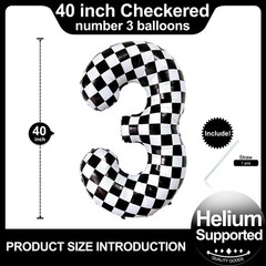 Checkered Number 3 Balloons 40 Inch Giant Race Car Checkered 3 Balloons for R…