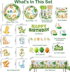 201Pcs Dinosaur Birthday Decorations Tableware Set Serve 25, Dinosaur Decorat…
