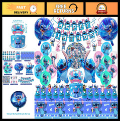 103PCS Stitch Theme Party Supplies Set – Banner, Balloons, Stickers, Cake Topper