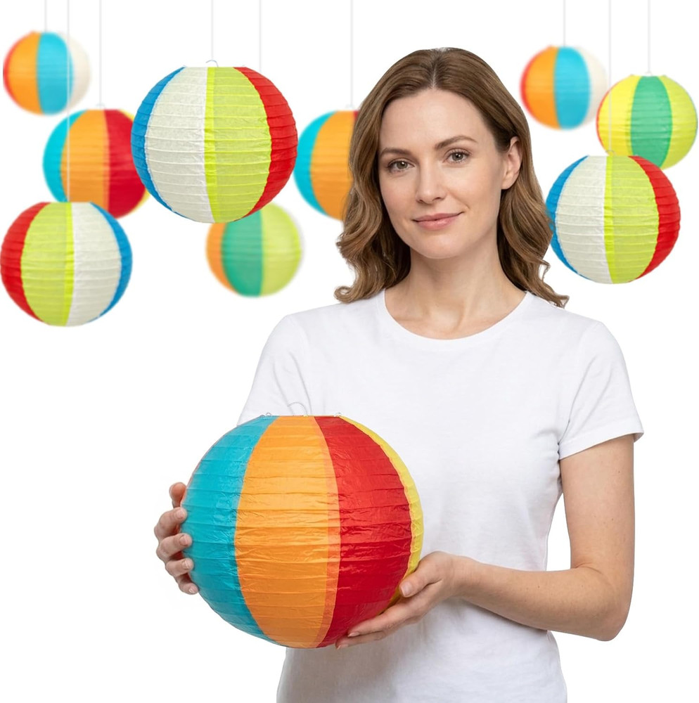 Beach Ball Paper Lanterns 10 Pcs – 8″ Colorful Summer Hanging Decorations for Po