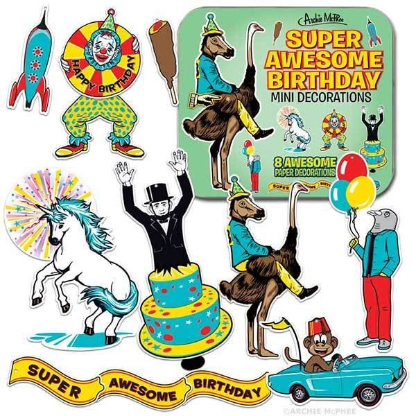 HAPPY BIRTHDAY DECORATIONS, Miniature, Retro Illustrations, Great for Crafting,