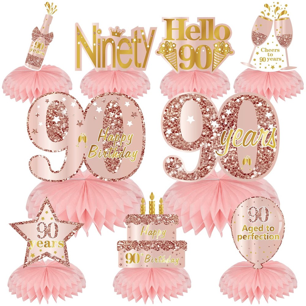 Happy 90th Birthday Honeycomb Centerpieces Table Toppers Rose Gold 9 PCS