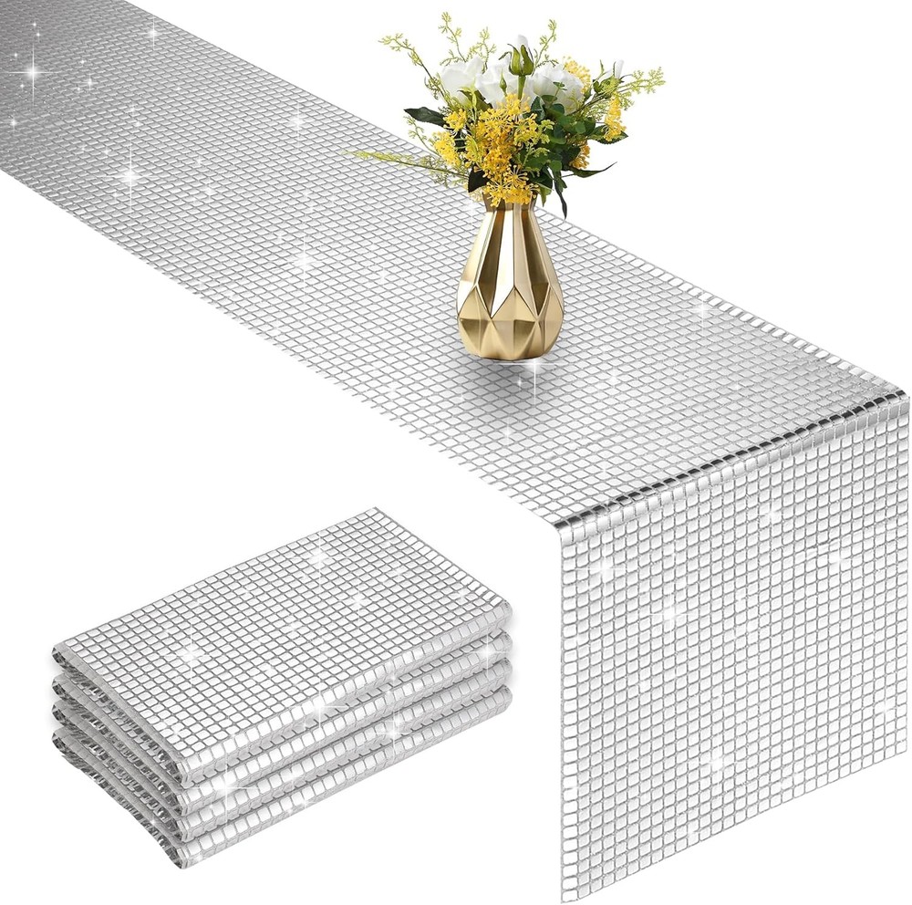 4 Packs Glitter Disco Party Table Runner 12 x 108 Inches Mirror Silver Foil