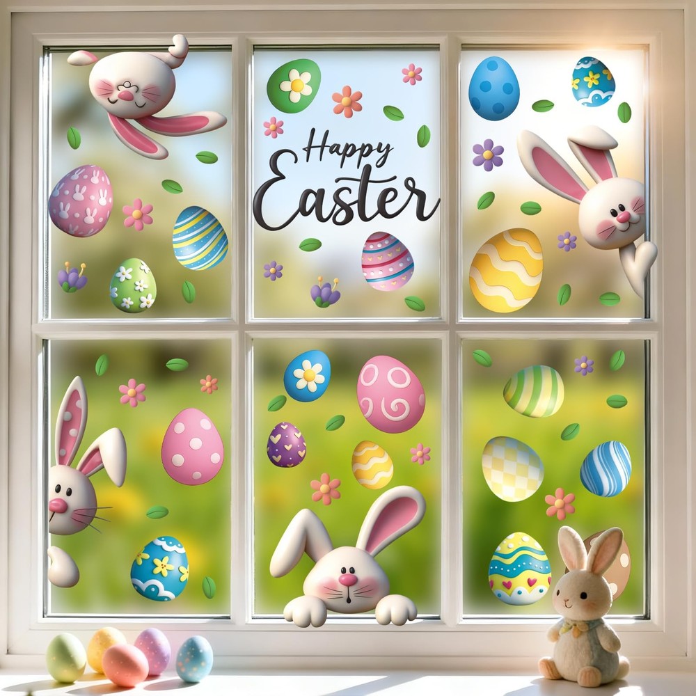 Easter Clings Decorations for Glass Window – 64 Pcs 3D Double-sided Spring Bunny