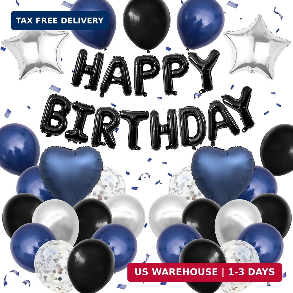 Navy Blue and Black Birthday Decorations for Men,Blue Black White Balloons Happy