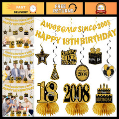 18th Birthday Decorations Kit – 11 Pcs Black Gold Banner, Centerpieces & Swirls