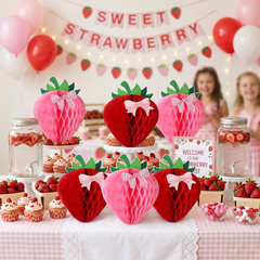 6 Sets 12 Inch Large Strawberry Party Decorations Strawberry Bow Honeycomb Ball