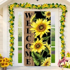 Sunflower Door Cover Welcome Door Banner Spring Summer Sunflower Backdrop Sea…