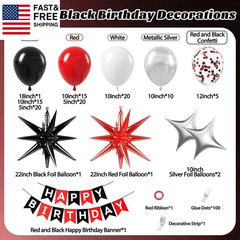 Red and Black Birthday Party Decorations, Red Black White Metallic Silver Foil B