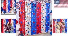 Party Backdrop Kit 3x Star Foil Fringe Curtains Red Blue White Patriotic Decor