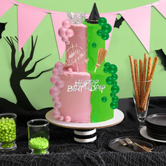 44-Piece Pink & Green Cake Topper Set Witch Hat Crown Broom Birthday Party Decor