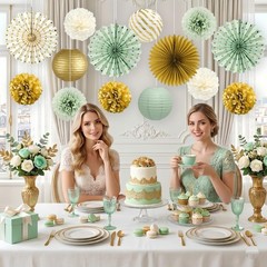 Sage Green Party Decorations, 14 Pcs Green and Gold Hanging Fans, Lanterns, P…