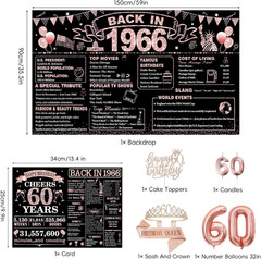 60Th Birthday Decorations, Rose Gold Black Back in 1966 Party Supplies Kit with