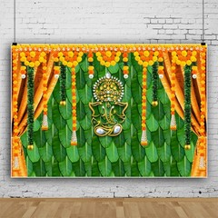 Indian Pooja Traditional Festival Backdrop Marigold Green Banana Leaf Ganesh