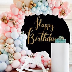 Gold Happy Birthday Sign Round Backdrop Cover 7.2ft,Black Round Backdrop Cove…