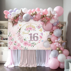 7x5ft Sweet 16 Backdrop Banner Decorations for Girls Birthday Party Pink Floral