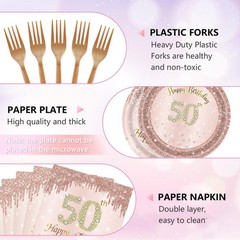 96Pcs 50th birthday decorations Rose Gold Birthday Party Plates 50 Years Birt…