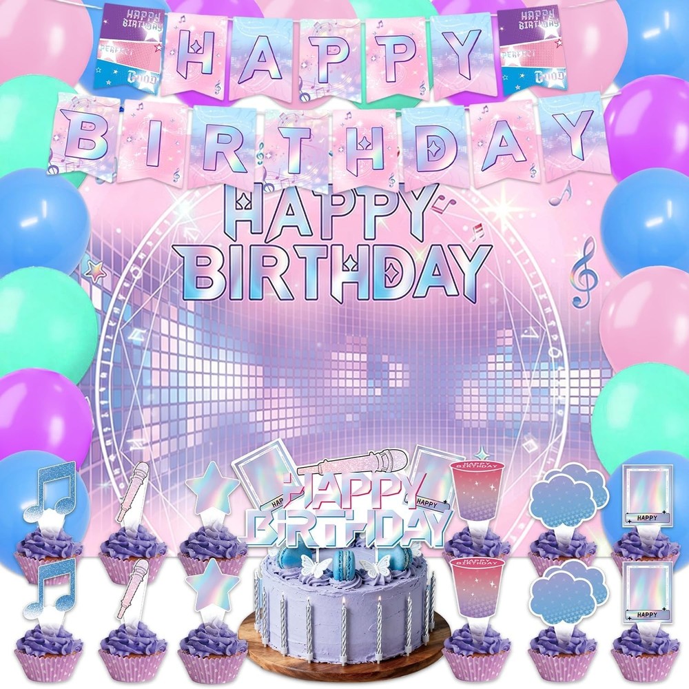 42Pcs Kpop Birthday Party Decor w. Backdrop,Toppers, Balloons, & BONUS Trays!