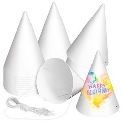 20 Pieces White Paper Party Hats for Kids Birthday, Decorative Bulk Cone Craf…