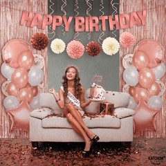 Rose Gold Birthday Decorations Set – Pack of 47, Balloons, Pompoms, Banner