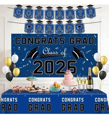 Graduation Decorations 2026 – Blue Congrats Grad Banner Backdrop Tablecloth Set