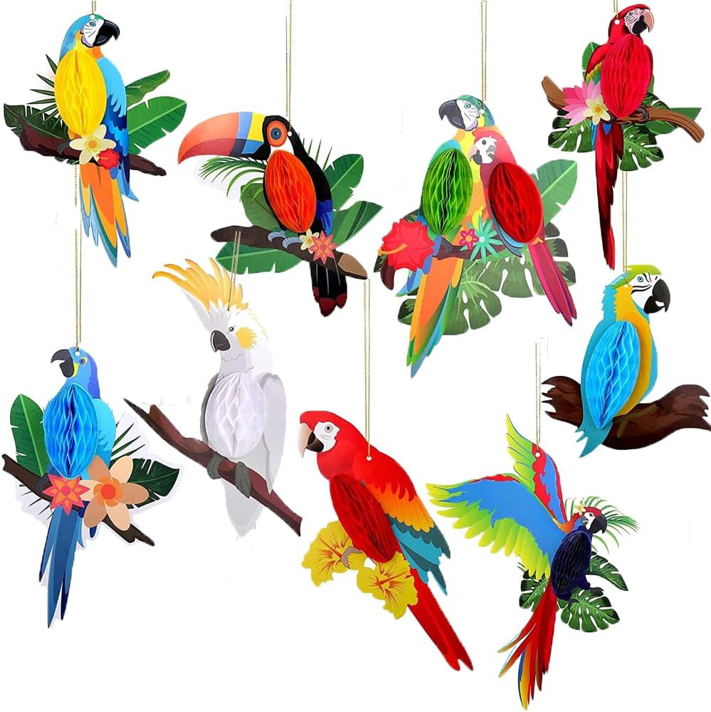 9 Pcs Tropical Birds Honeycomb Cutouts, Hanging Parrot Paper Cutouts Hawaiian S