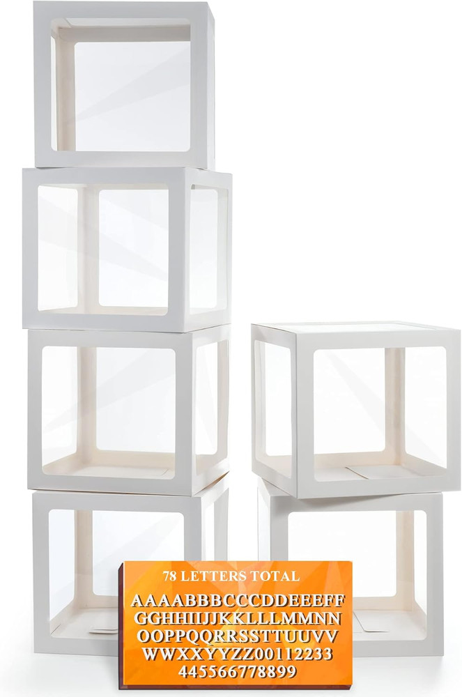 White Transparent Balloon Boxes with 78 Letters, Name Boxes for Baby Shower, Cle