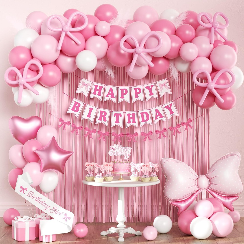 Pink Bow Birthday Decorations for Girls Women, Coquette Birthday Decorations,…