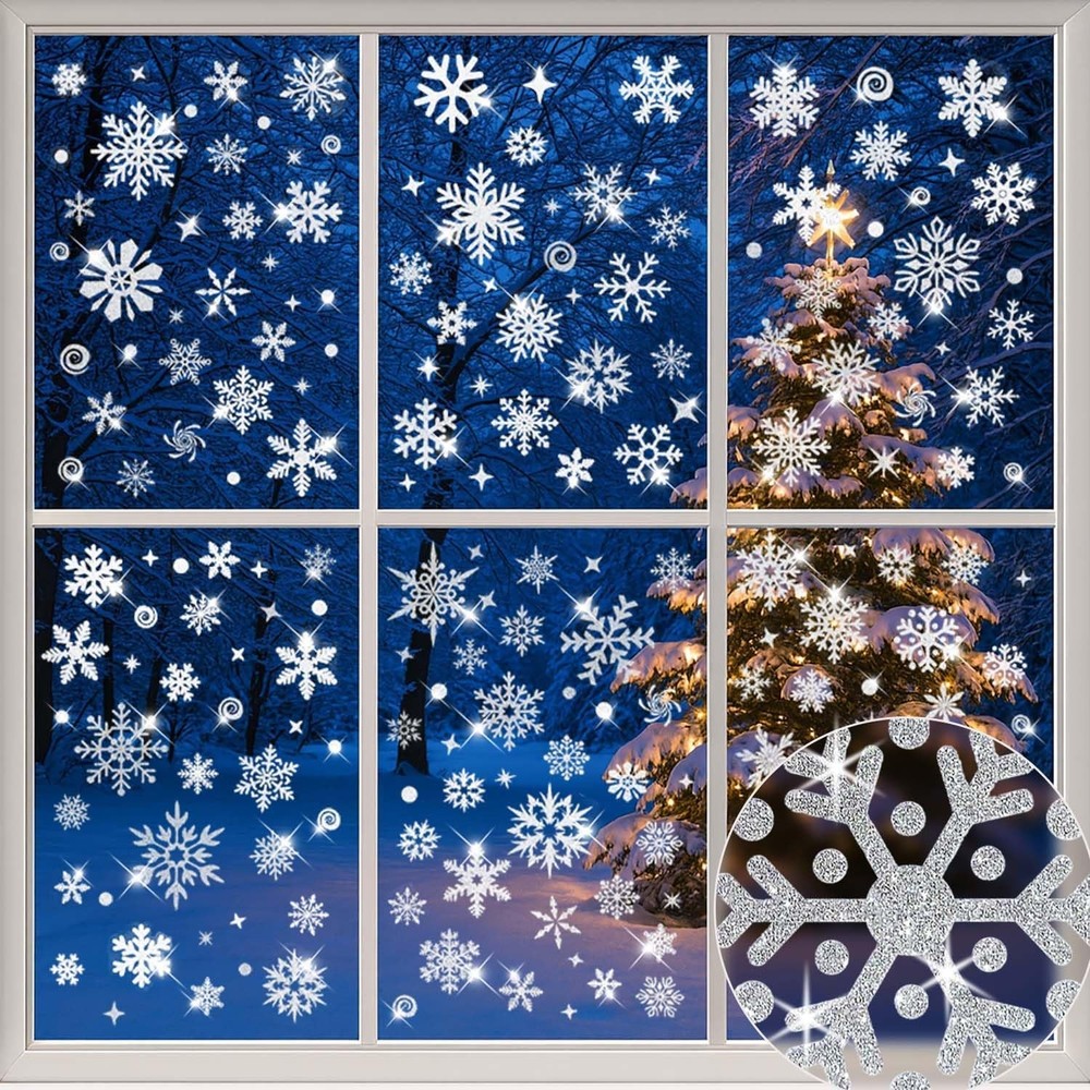 204pcs Glitter Snowflake Window Stickers, Christmas 7.9 x 11.8 inches, Silver