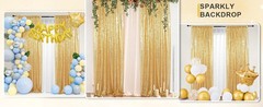Gold Sequin Backdrop Curtains 2x8ft 2 Panels – High Density 3mm Shimmer Sequin