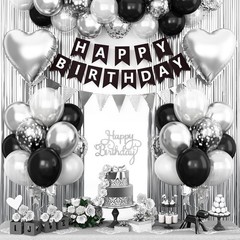 Happy Birthday Party Decorations Black Silver Balloons and Fringe Curtain Set
