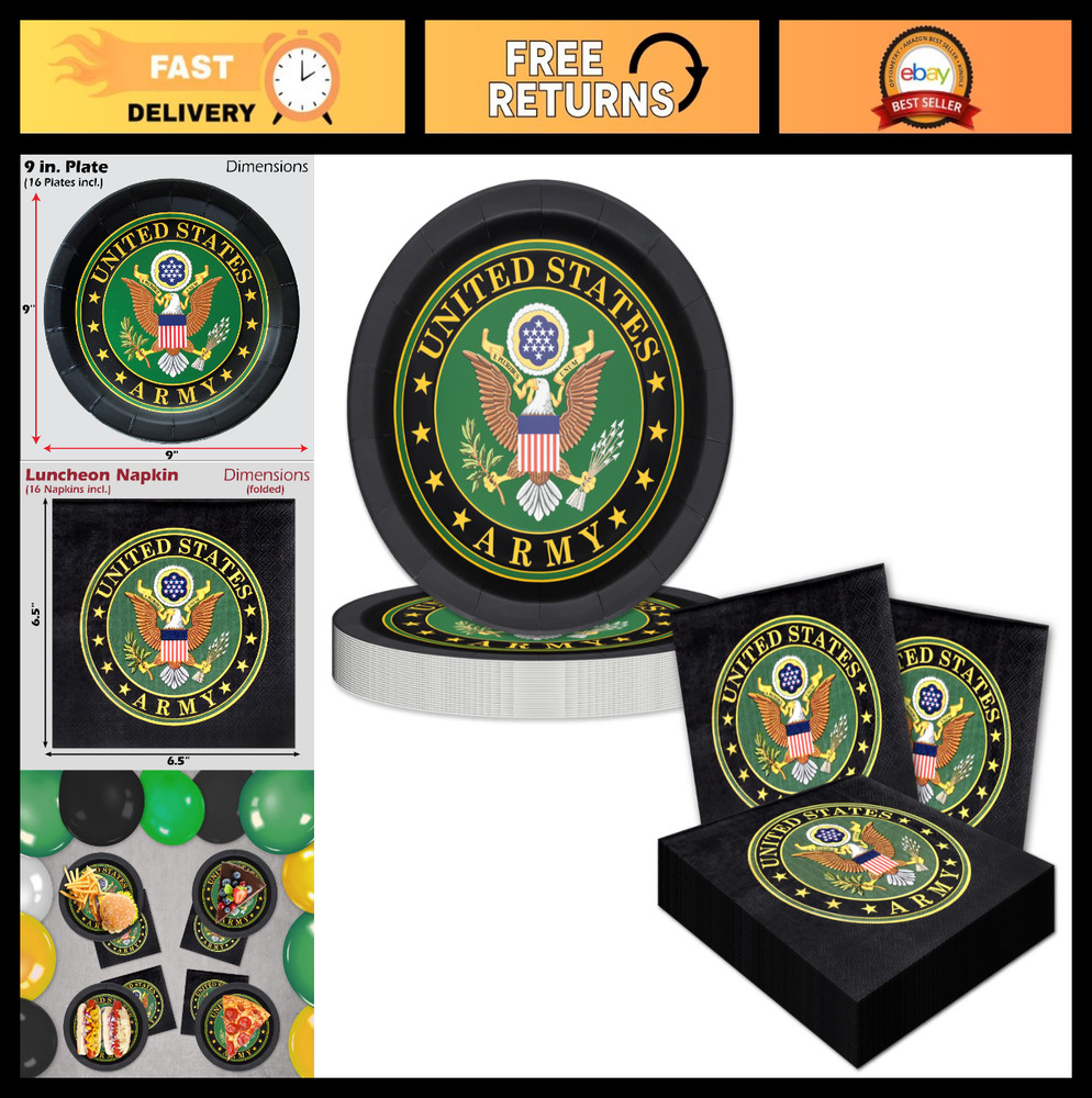 U.S. Army Party Supplies for 16 Guests – 9″ Paper Plates & Napkins Set