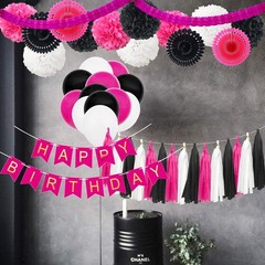 45pcs Hot Pink Black Party Decorations Kit Baby Girl Shower Rose Red Happy Ba…