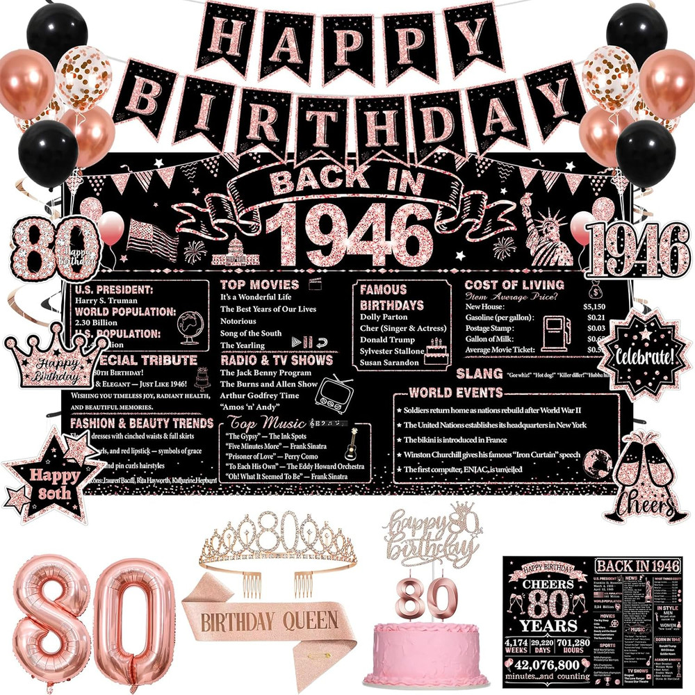 80Th Birthday Decorations for Women, Rose Gold Black Back in 1946 Party Supplies