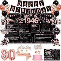 80Th Birthday Decorations for Women, Rose Gold Black Back in 1946 Party Supplies
