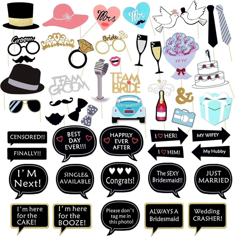 52PCS Wedding Photo Booth Props with Stick Bridal Shower Photo Booth Props Funny