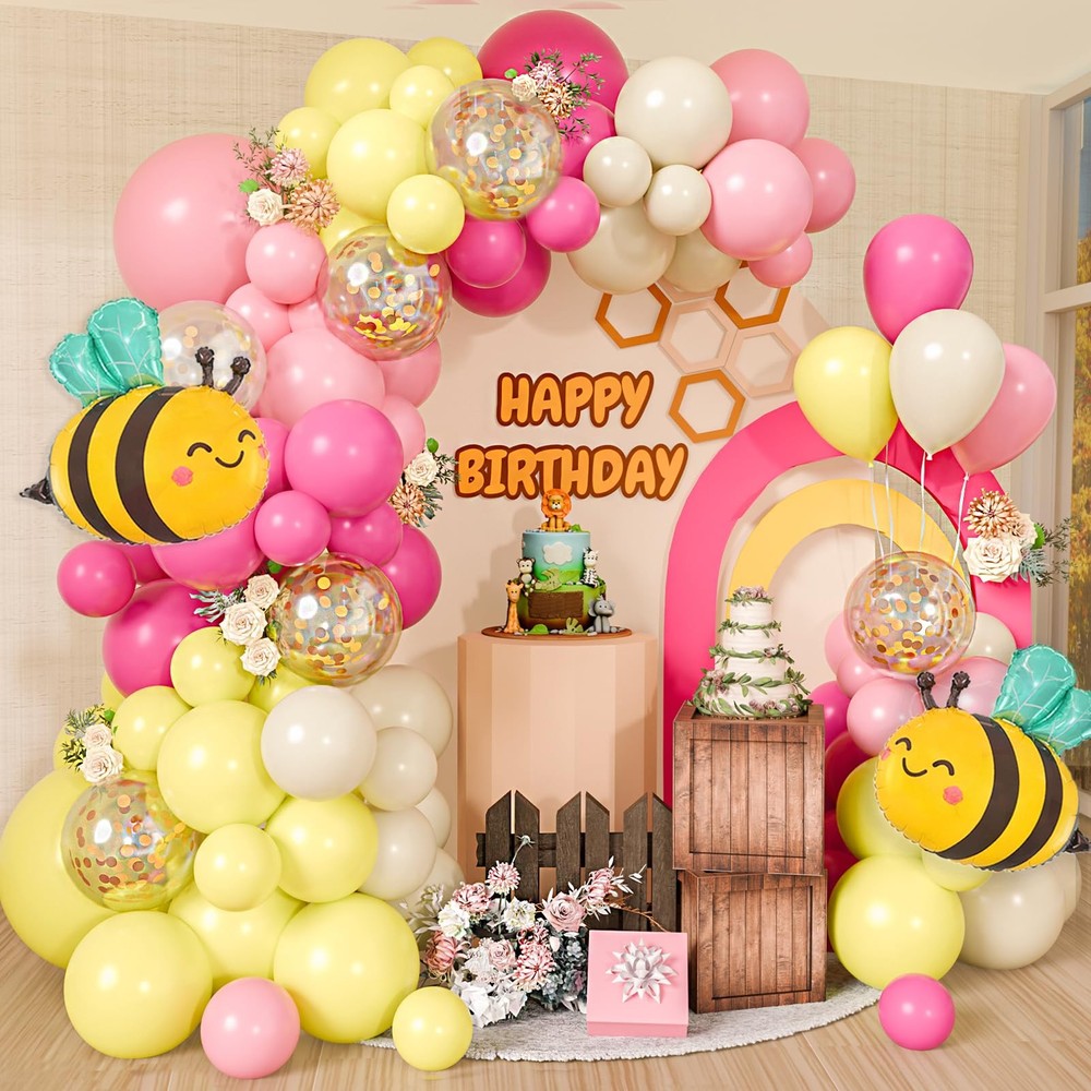 Bee Balloon Arch Kit Pink and Yellow Balloon Arch with Bee Balloons Gold Conf…