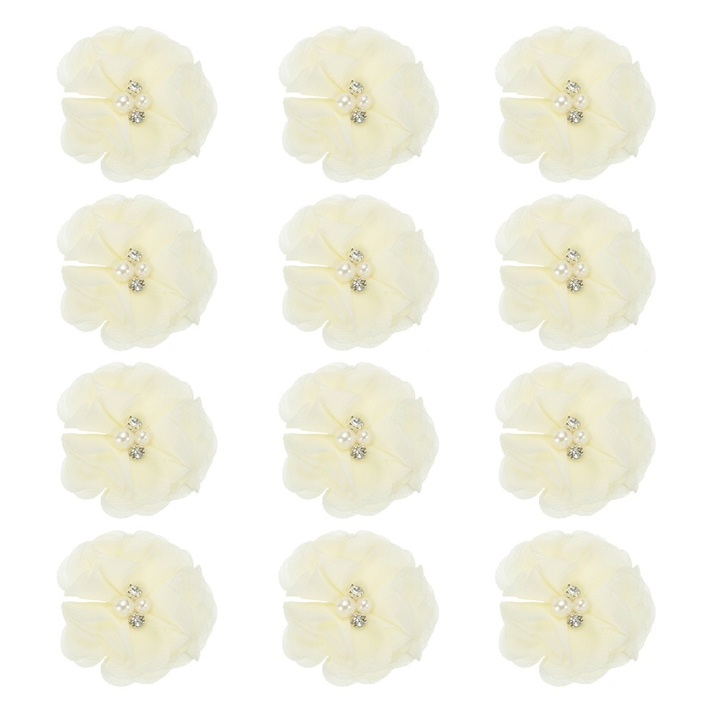12Pcs 2″ Chiffon Flowers with Rhinestone Pearl Sewing Fabric Flower,Light Yellow