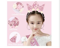 Birthday Decorations for 3 Year Old- Headband And Sash-Pink. Free Ship!