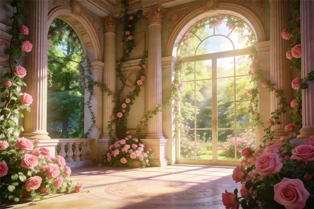 Rose Garden Backdrop Elegant Palace Flower Wedding Background Photo Banner Decor