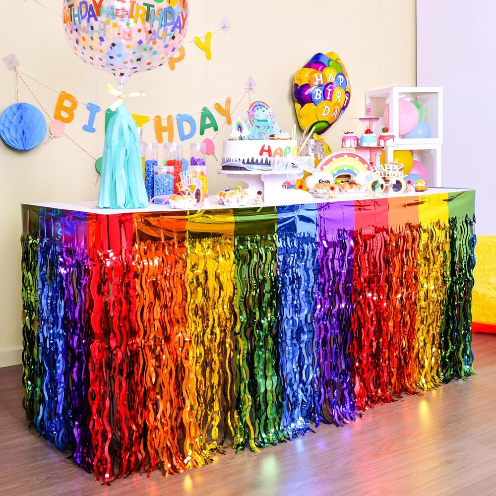 Rainbow Party Decorations, 2 Pack Wavy Metallic Tinsel Foil Fringe Table Skirts,