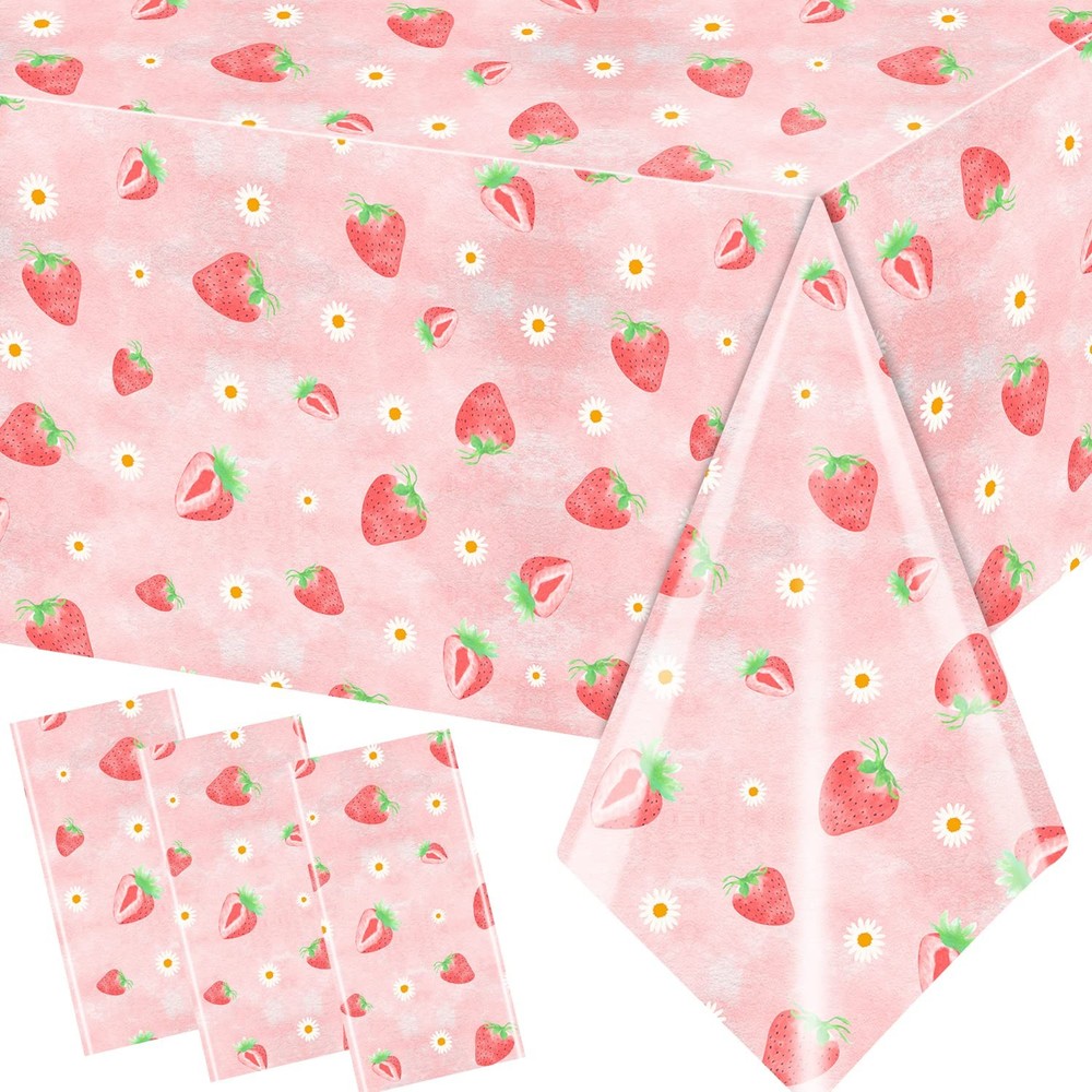 HAKOTI 3 Pack Strawberry Tablecloth Berry Theme Birthday Party Decor