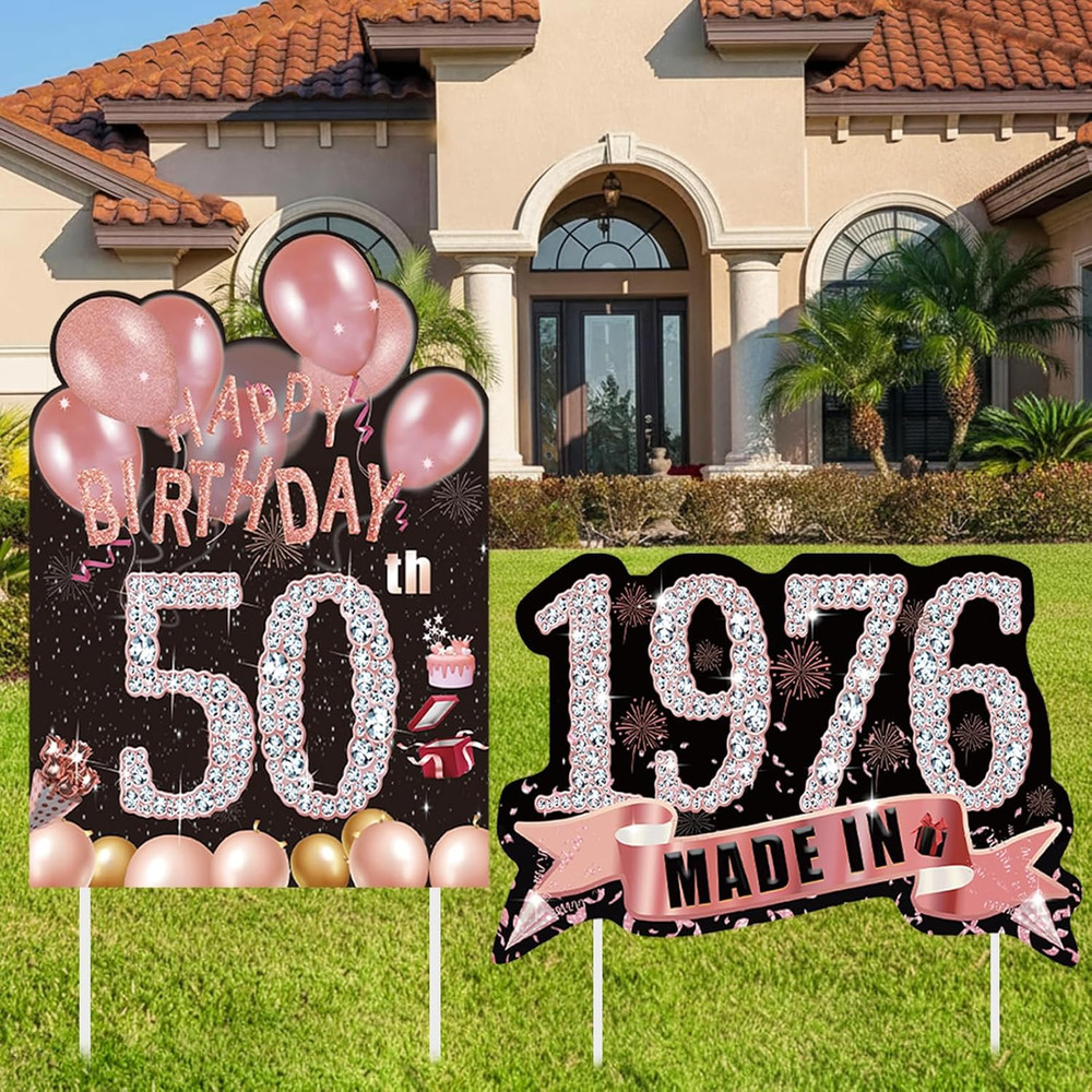 2Pcs Birthday Yard Signs 50Th Birthday Decorations for Women Rose Gold Happy 50