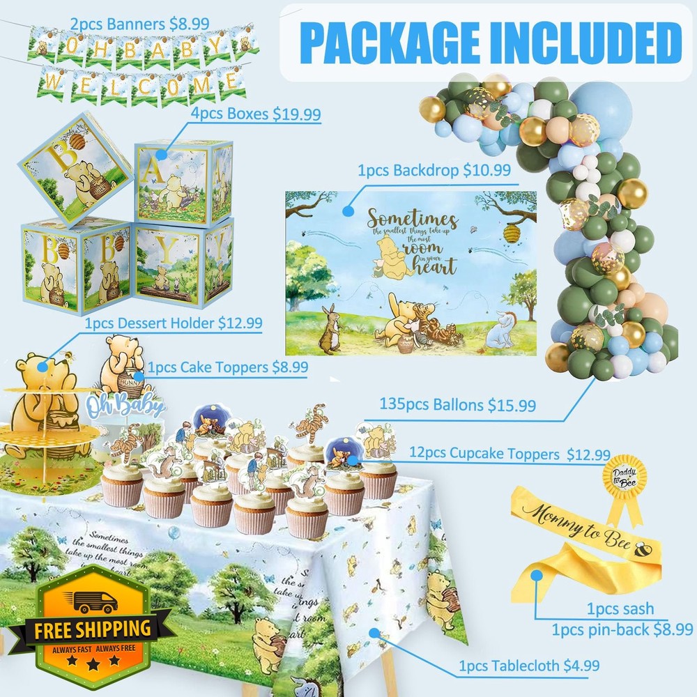 159pcs Winnie Baby Shower Decorations Kit Vintage Pooh